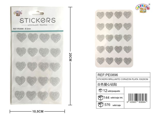 Sticker brillante corazón plata 10x20 cm - Pegatinas decorativas de diamantes y perlas