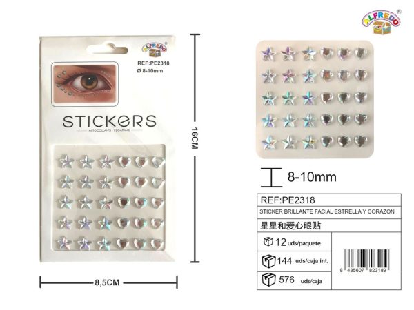 Sticker brillante facial estrella y corazón 8.5x16 cm - Decoraciones faciales