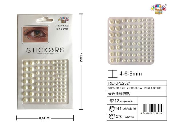 Sticker brillante facial perla beige 4,6,8mm 8.5x16 cm - Decoraciones faciales