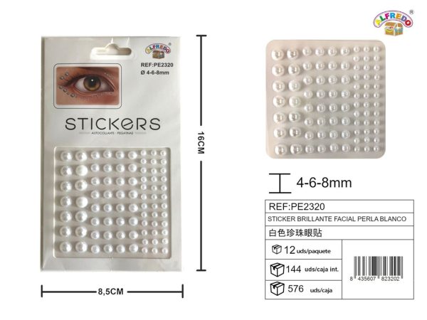 Sticker brillante facial perla blanco 4,6,8mm 8.5x16 cm - Decoraciones faciales