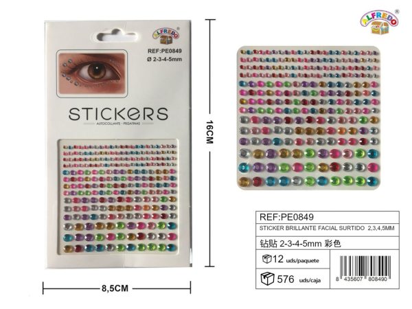 Sticker brillante facial surtido 2,3,4,5 mm 8,5x16 cm - Pegatinas decorativas de diamantes y perlas