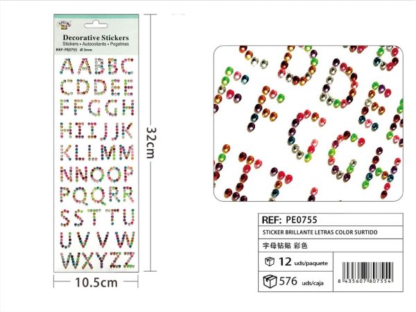 Sticker brillante letras color surtido 3 mm 10,5x32 cm - Pegatinas decorativas de diamantes y perlas