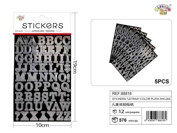 Stickers "letras" color plata 5 hojas 10x19cm para manualidades