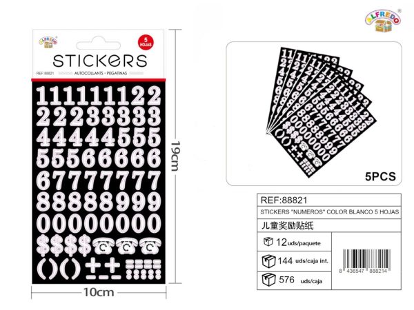 Stickers "números" color blanco 5 hojas 10x19cm para manualidades
