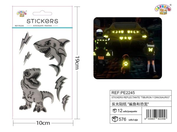 Stickers Reflectantes de Tiburón y Dinosaurio 10x19 cm - Adhesivos infantiles nocturnos