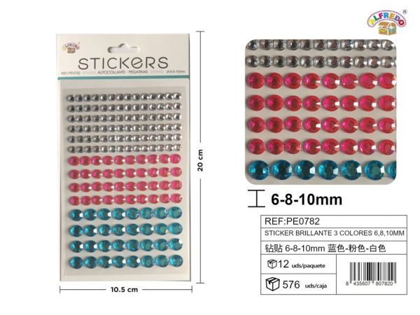 Stickers brillantes 3 colores 6,8,10mm 10,5x20cm para manualidades