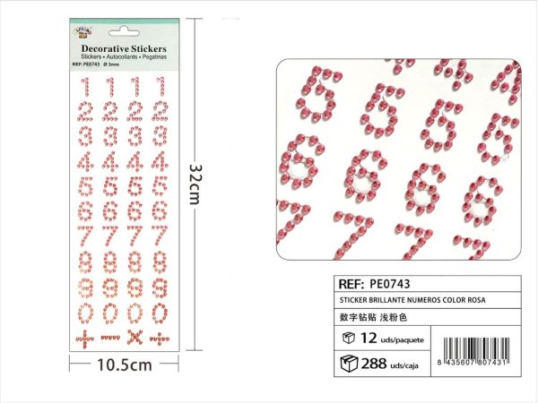Stickers brillantes números color rosa 3mm 10.5x32cm para manualidades y decoración