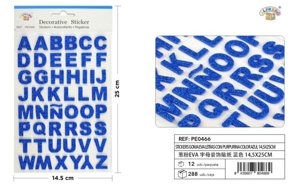 Stickers de goma EVA letras purpurina color azul 14.5x25cm para manualidades