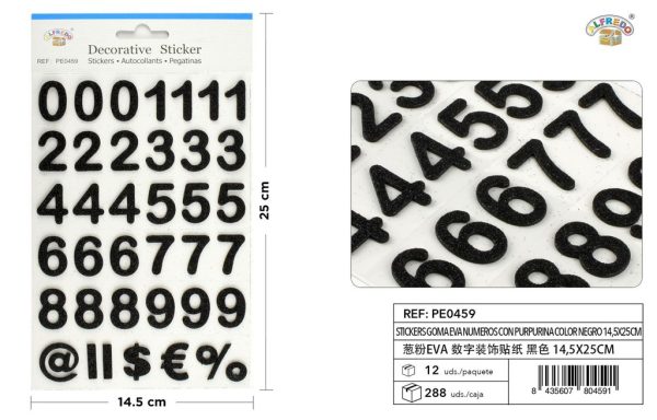 Stickers de goma EVA números purpurina color negro 14.5x25cm para manualidades