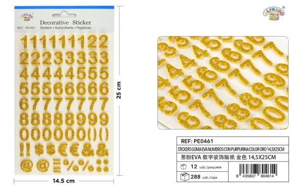 Stickers de goma EVA números purpurina color oro 14,5x25cm para manualidades y decoración