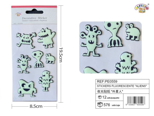 Stickers fluorescente "aliens" 8.5x19.5 cm - Pegatinas luminosas infantiles