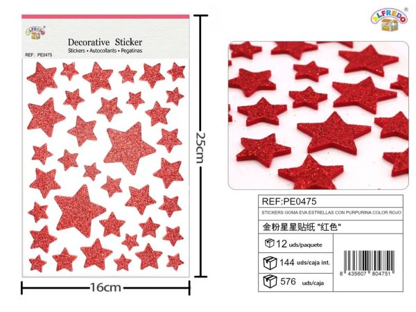 Stickers goma EVA estrellas purpurina color rojo 16x25cm para manualidades y decoraciones