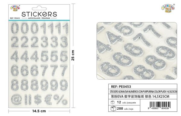 Stickers goma EVA números purpurina color plata 14,5X25CM - Pegatinas