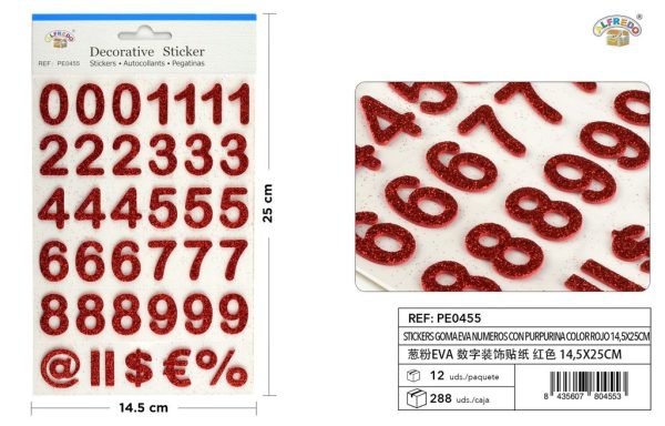 Stickers goma EVA números purpurina color rojo 14,5X25CM - Pegatinas