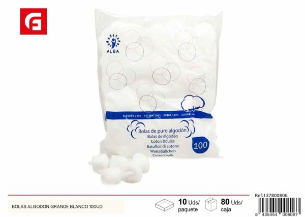 Bolas de algodón grandes blancas 100 unidades - Productos de cuidado personal