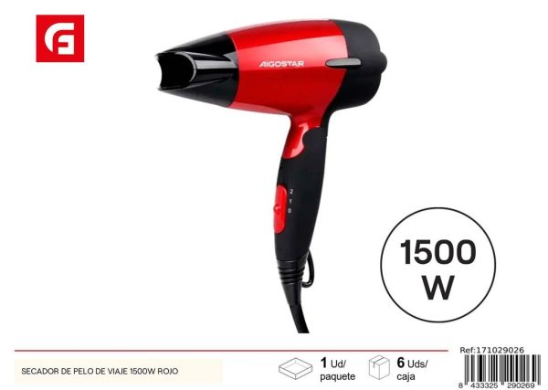 Secador de pelo de viaje 1500W rojo para viajes y hogar