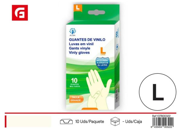 Guante de examen de vinilo L sin polvo (10 unidades) - Guantes para limpieza