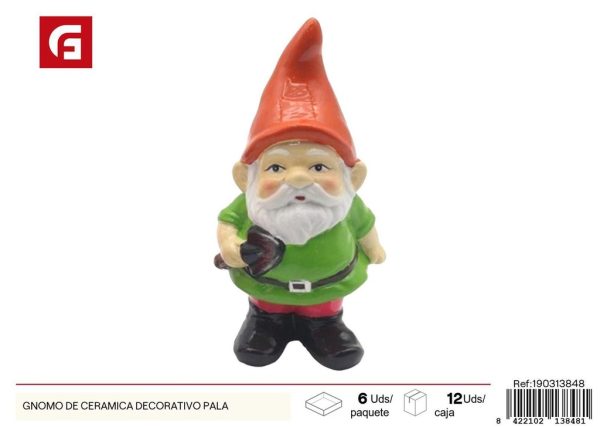 Gnomo de cerámica decorativo con pala para jardín