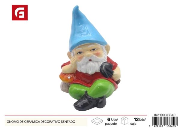 Gnomo de cerámica decorativo sentado - Adorno de jardín