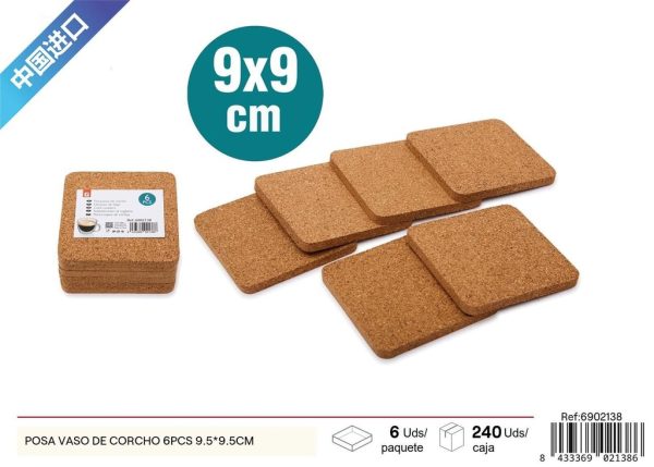 Posa vaso de corcho 6 pcs 9.5x9.5 cm - Accesorios prácticos para mesa