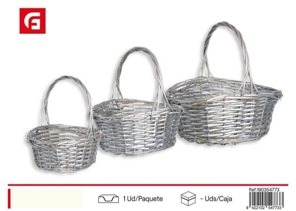 Set de 3 cestas ovaladas de mimbre color plata - Almacenamiento y decoración