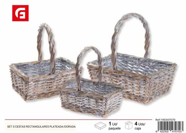 Set de 3 cestas rectangulares plateadas/doradas - Decoración del hogar