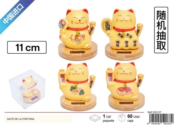 Gato de la fortuna solar con base de bambú 11 cm - Decoración oriental