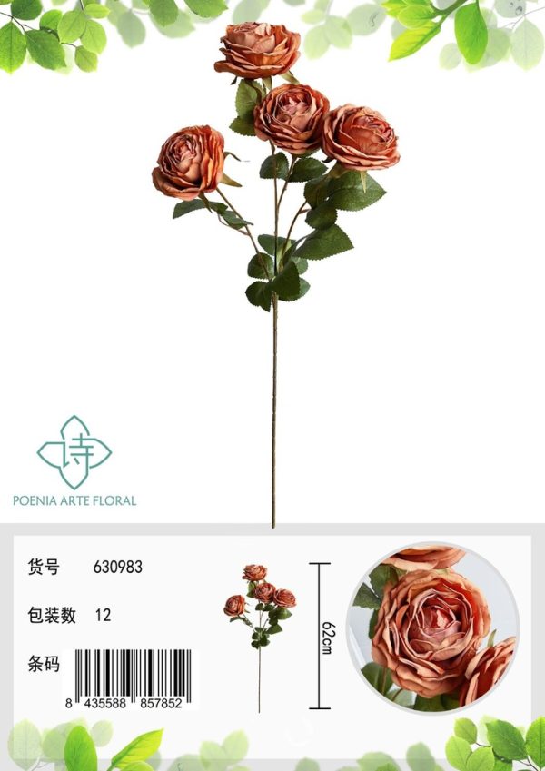 Rosa artificial 4 cabezas - Ramo decorativo - Imagen 2