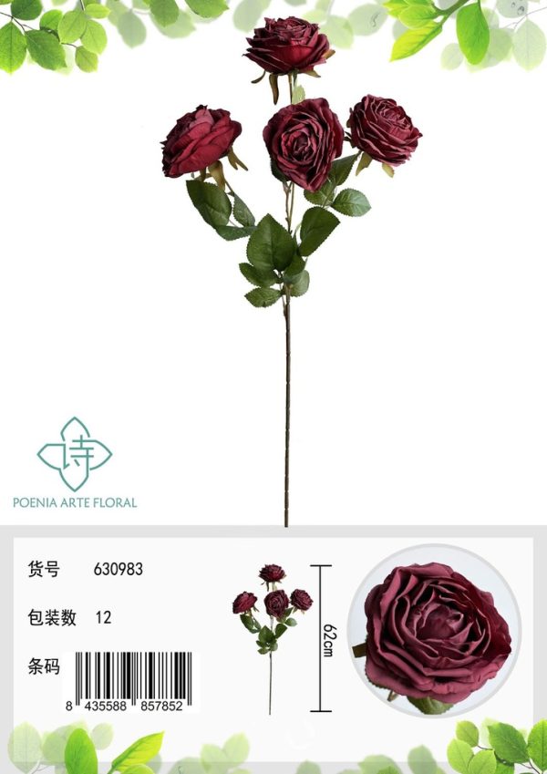 Rosa artificial 4 cabezas - Ramo decorativo - Imagen 3