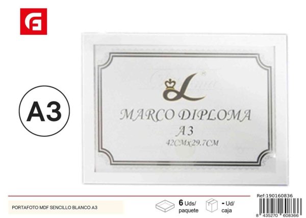 Portafoto MDF sencillo blanco A3 - Marco de fotos para diplomas