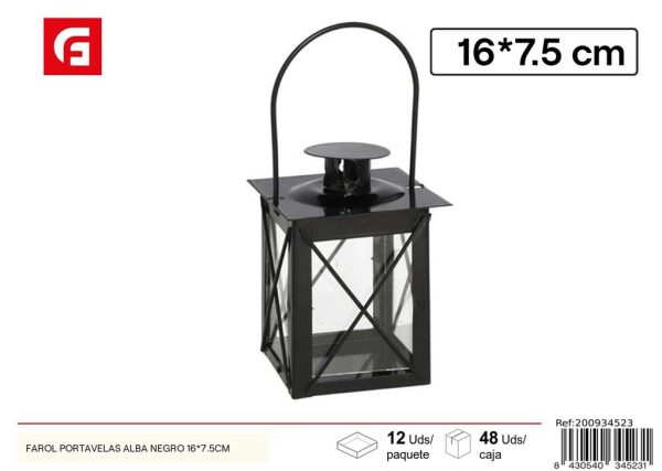 Farol portavelas Alba negro 16x7.5 cm - Decoración de hogar