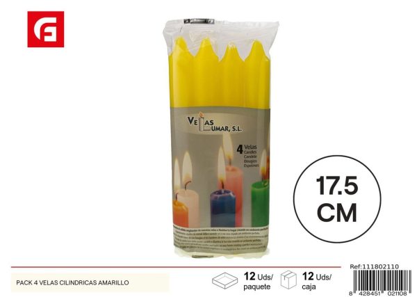 Pack de 4 velas cilíndricas amarillas para decoración y ambientadores