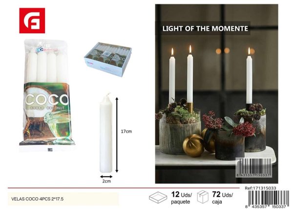 Velas aromáticas de coco 4 piezas 2x17.5 cm - Velas cilíndricas