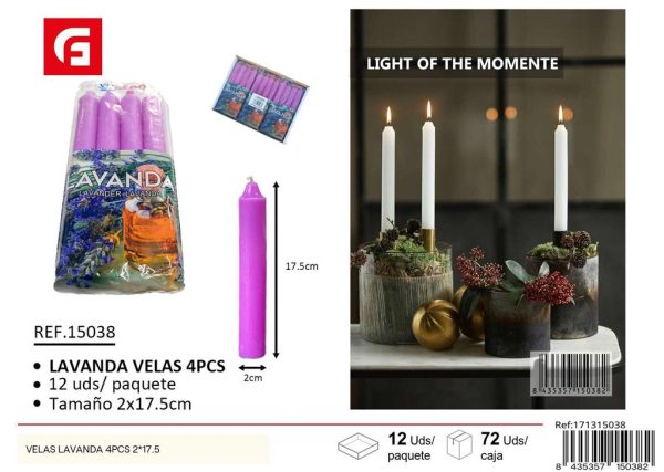Velas aromáticas de lavanda 4 piezas 2x17.5 cm - Velas cilíndricas
