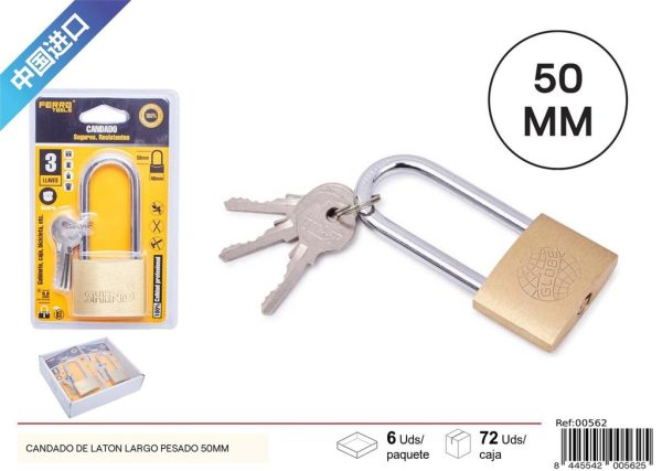 Candado de latón largo pesado 50 mm - Seguridad para puertas y muebles