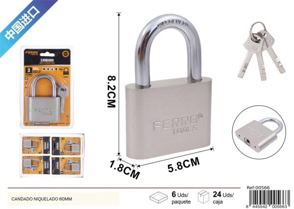 Candado niquelado 60mm para seguridad y uso doméstico