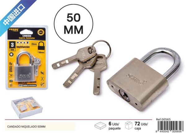 Candado niquelado con esquinas redondeadas 50mm para seguridad