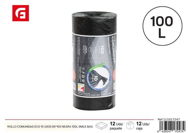 Bolsas de basura rollo comunidad eco 10 usos 85*105 negra 100L Smile Bag - Productos de limpieza