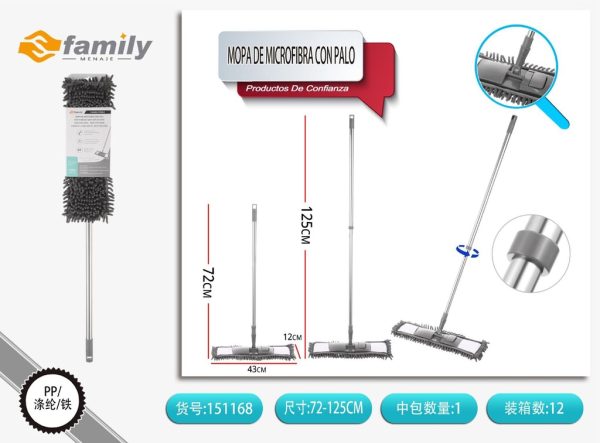 Mopa de microfibra con palo de acero inoxidable gris 72-125cm - Artículos de limpieza
