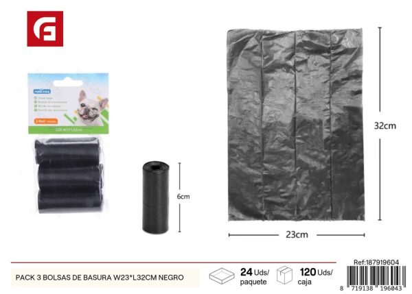Pack de 3 bolsas de basura W23xL32 cm negro - Mascotas y desechos