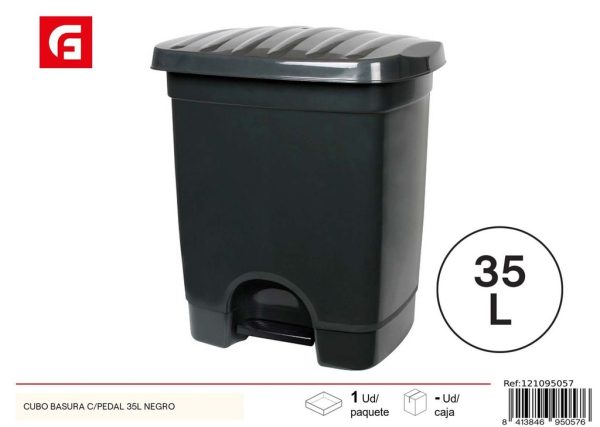 Cubo de basura de 35L negro con pedal - Plásticos para el hogar