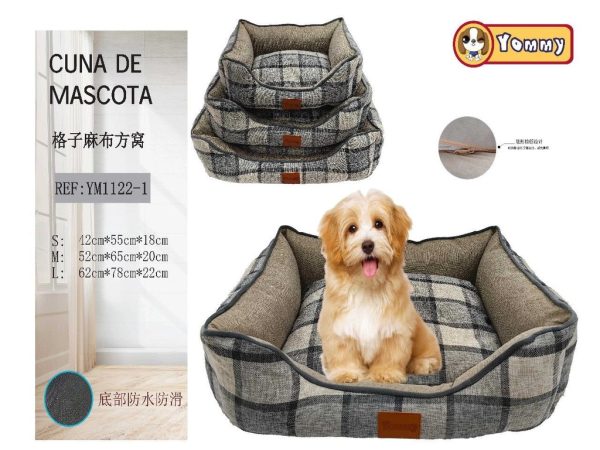 Cuna de perro de tela de cuadros 3 piezas gris - Cama para mascotas