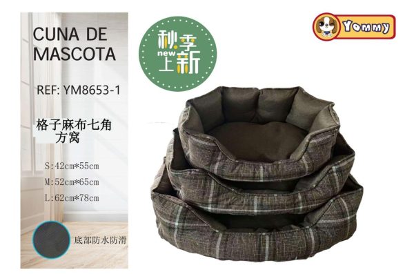 Cuna de tela a cuadros en color marrón 3 piezas - Diseño elegante para mascotas