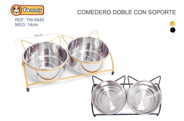 Comedero doble de acero con soporte 14cm - Utensilios para mascotas
