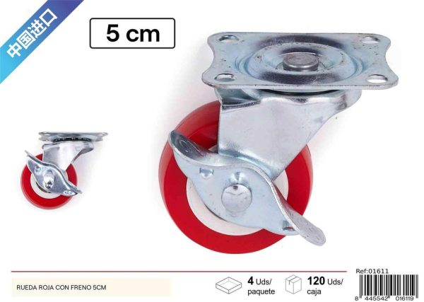 Rueda giratoria roja con freno 60 mm - Accesorios de ferretería