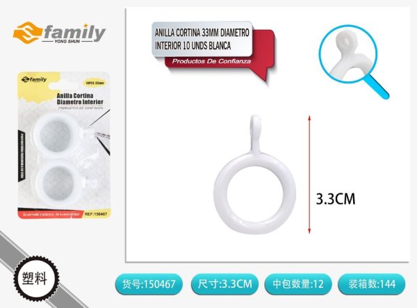 Anilla cortina blanca 33 mm 10 unds - Accesorios de baño