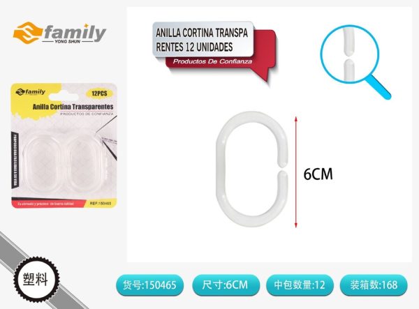 Anilla cortina transparente 12 unidades para baño