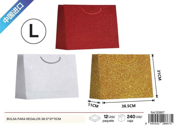 Bolsa para regalos con brillo de 3 colores horizontal grande 38.5*31*11cm - Bolsas de regalo