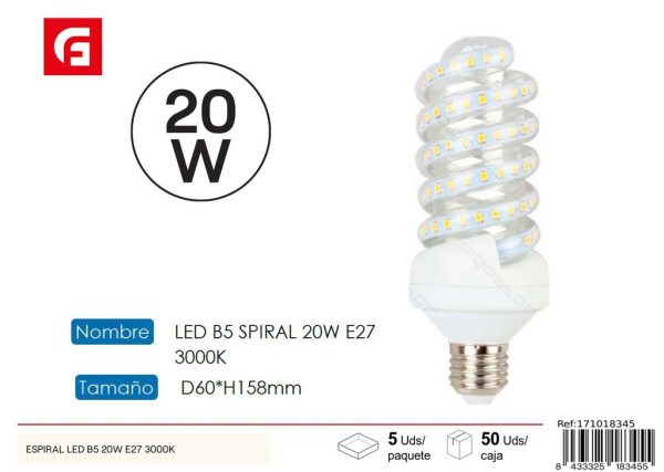 Bombilla LED Espiral E27 20W 3000K - Iluminación y Bombillas LED