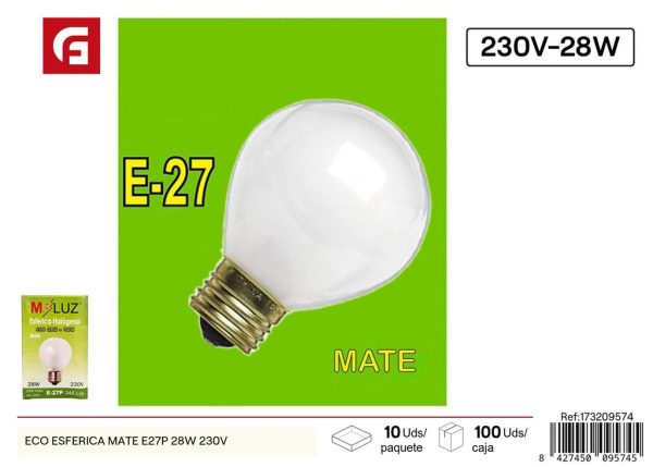 Bombilla eco esférica mate E27P 28W 230V - Iluminación y bombillas